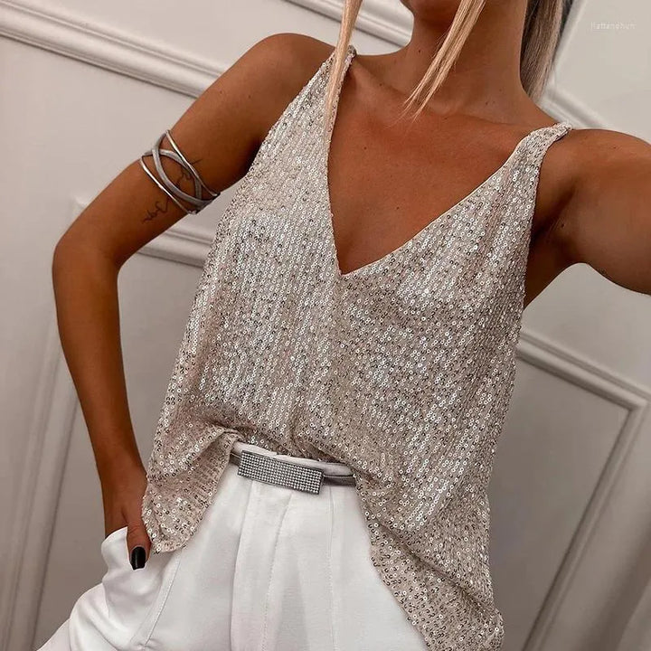 Glitzerndes Damen Pailletten-Top mit Spaghettiträgern – Liora