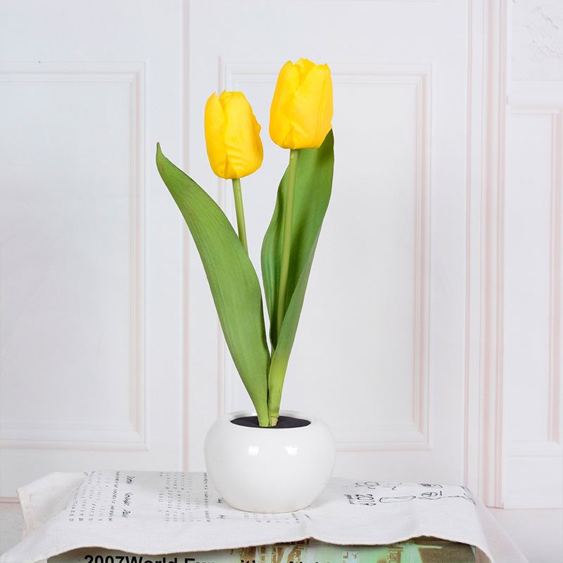 Tulpen Tischlampe | Dekorativ | Keramische Blumentopf | LED | Knopfzelle-Gelb-2-Luzern Mode