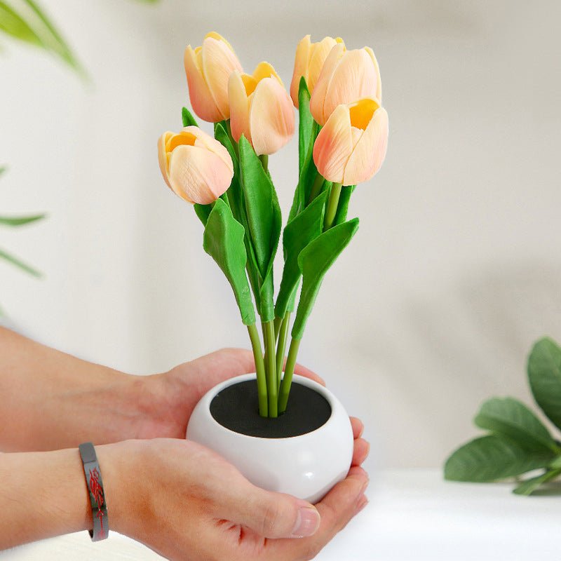 Tulpen Tischlampe | Dekorativ | Keramische Blumentopf | LED | Knopfzelle-Rosa-2-Luzern Mode
