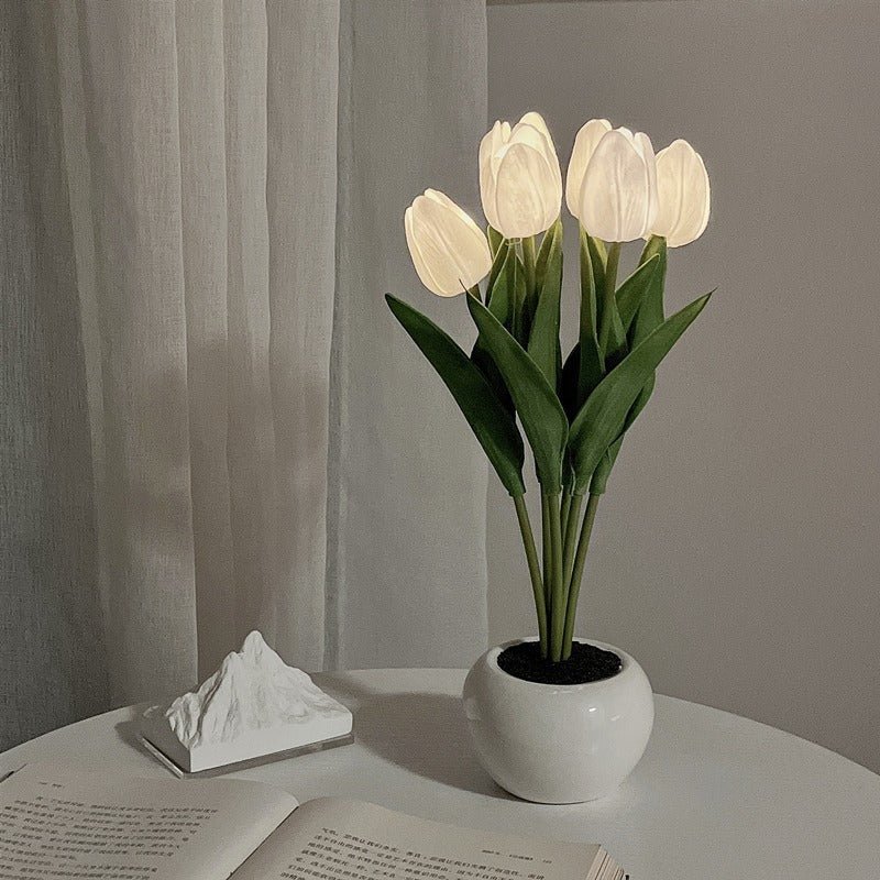 Tulpen Tischlampe | Dekorativ | Keramische Blumentopf | LED | Knopfzelle-Weiß-6-Luzern Mode