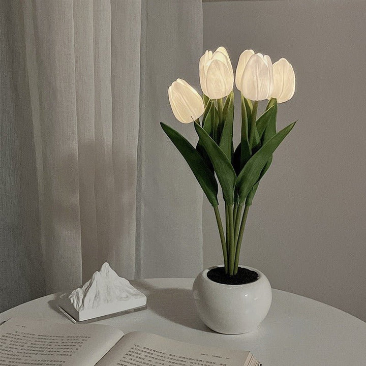 Tulpen Tischlampe | Dekorativ | Keramische Blumentopf | LED | Knopfzelle-Weiß-6-Luzern Mode