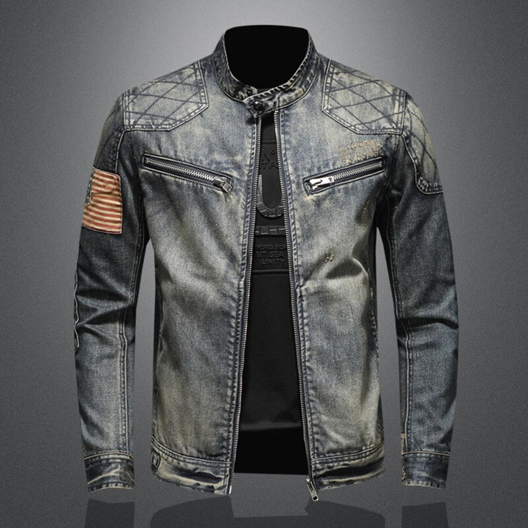 Herren Denim Jacke mit Reißverschluss und Stehkragen-Denim mit Flagge-S-Luzern Mode