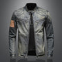 Herren Denim Jacke mit Reißverschluss und Stehkragen-Denim mit Flagge-S-Luzern Mode