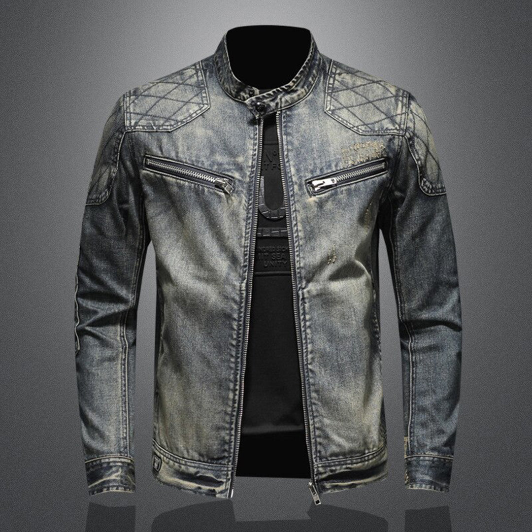 Herren Denim Jacke mit Reißverschluss und Stehkragen-Denim ohne Flagge-S-Luzern Mode