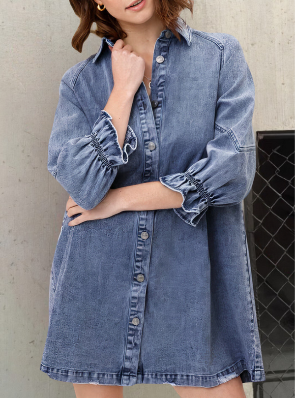 Denim Kleid | Lange Ärmel | Baumwollmischung | Weich | Einfarbig | Knopfverschluss-Blau-S-Luzern Mode