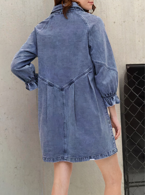 Denim Kleid | Lange Ärmel | Baumwollmischung | Weich | Einfarbig | Knopfverschluss-Luzern Mode