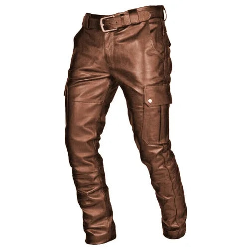 Herren Leder Motorrad Hose mit Cargo Taschen, PU Material-Braun-S-Luzern Mode