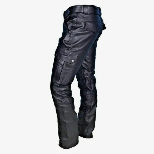 Herren Leder Motorrad Hose mit Cargo Taschen, PU Material-Schwarz-S-Luzern Mode