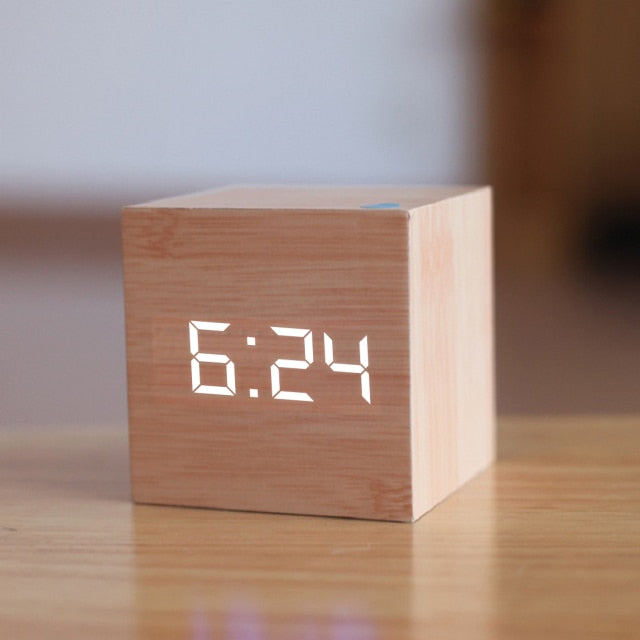 Digitale Wecker | LED | Quadratisch | Kabellos | Datum | Temperatur-Holz & Weiß-Luzern Mode