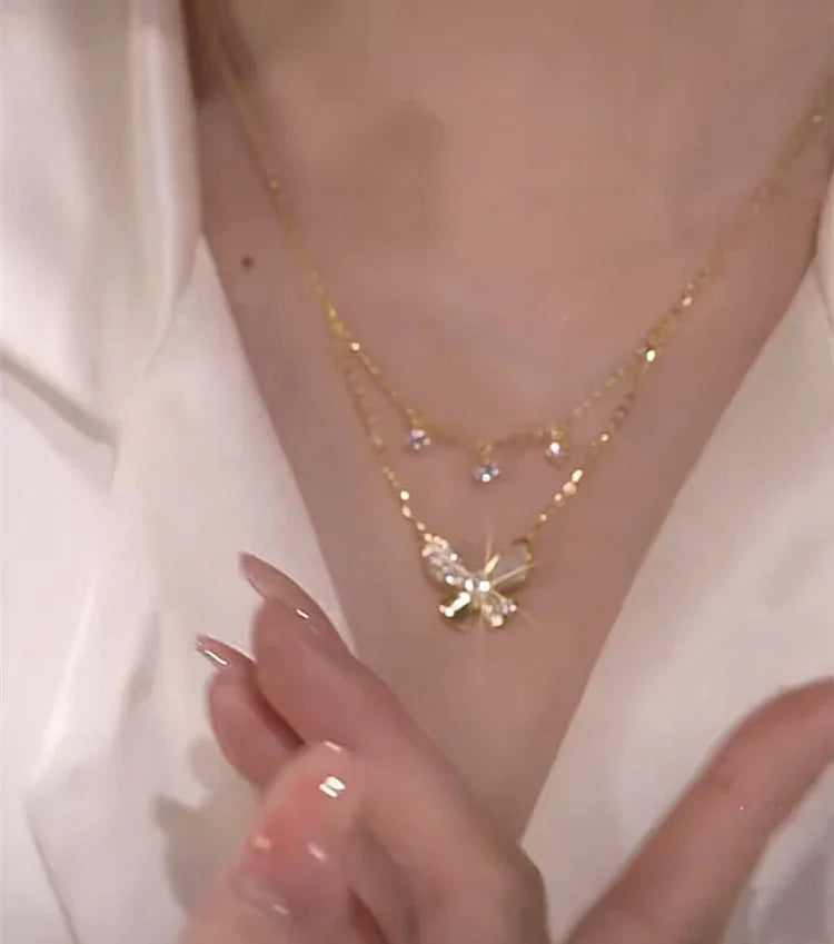 Damen Halskette | Schmetterlingsanhänger Perlmutt Stilvoll Doppellagig Silber-Luzern Mode