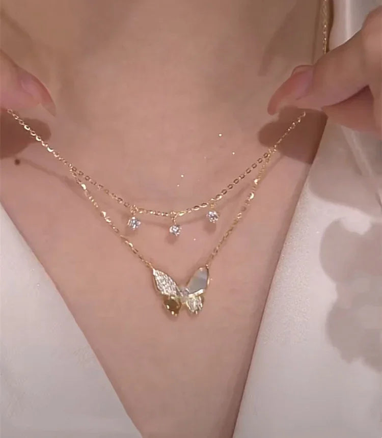 Damen Halskette | Schmetterlingsanhänger Perlmutt Stilvoll Doppellagig Silber-Luzern Mode