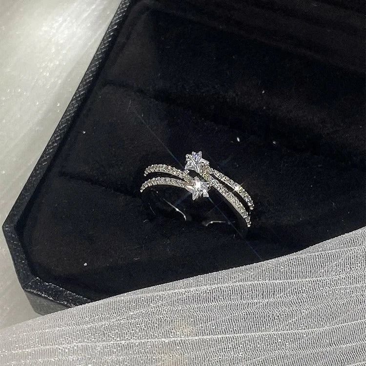 Silbernes Ringset | 2-teilig Sternen Langlebig Zirkonia Verstellbar-Doppelter Stern-Luzern Mode