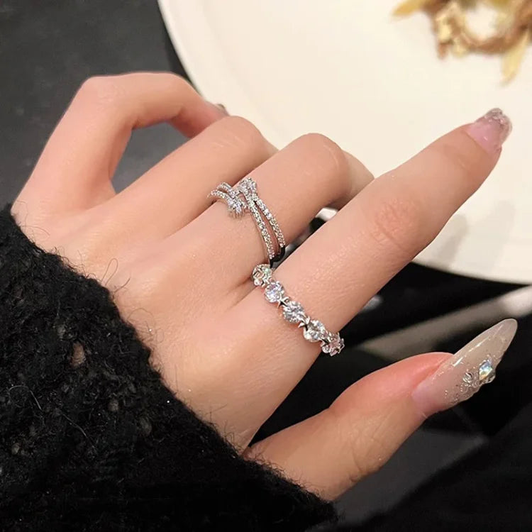 Silbernes Ringset | 2-teilig Sternen Langlebig Zirkonia Verstellbar-Luzern Mode