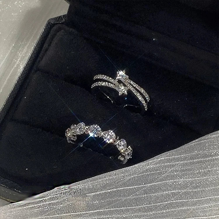 Silbernes Ringset | 2-teilig Sternen Langlebig Zirkonia Verstellbar-Set-Luzern Mode