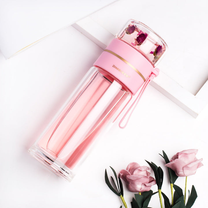 Glas-Wasserflasche | Teesieb Doppelwandig Langlebig Stilvoll Transparent-Rosa-Luzern Mode