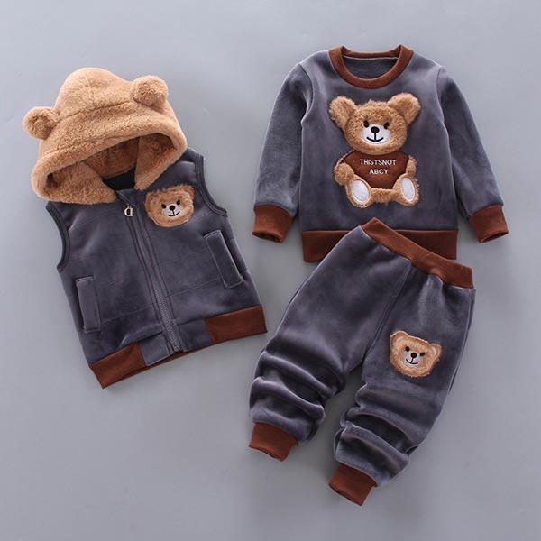 Baby Bekleidungsset | Bär | Weich | Flauschig | 3-teilig | Warm | Ohren-Blau-6-9 Maanden (68-74 cm)-Luzern Mode