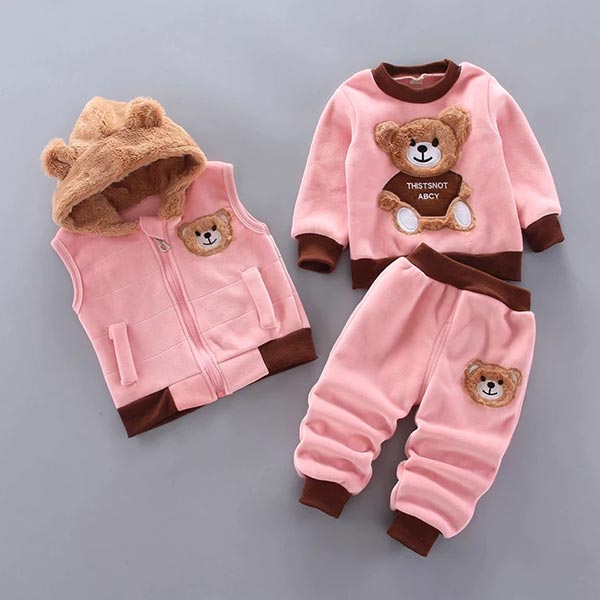 Baby Bekleidungsset | Bär | Weich | Flauschig | 3-teilig | Warm | Ohren-Rosa-6-9 Maanden (68-74 cm)-Luzern Mode