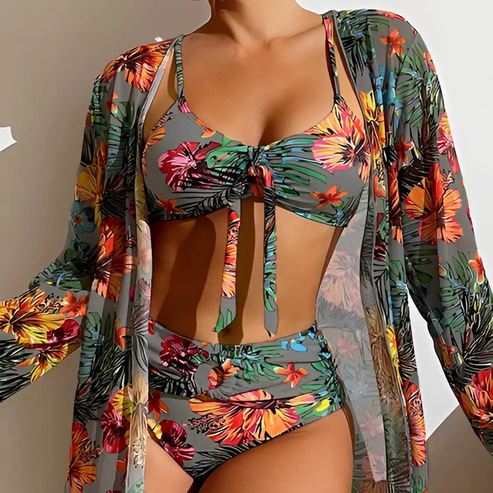 Bikini Set Damen 3-teilig | High Waist Schnitt | Mit Überwurf | Sommer Look-Grau-S-Luzern Mode