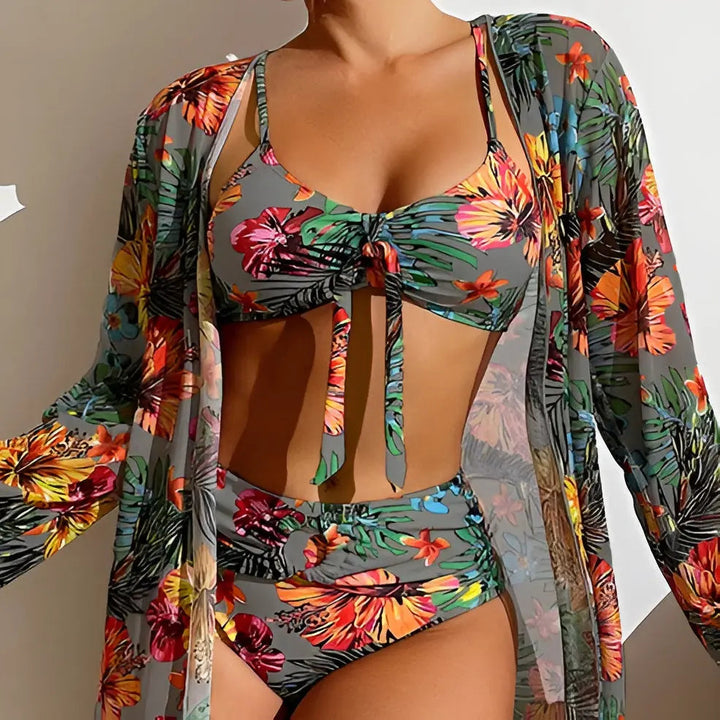 Bikini Set Damen 3-teilig | High Waist Schnitt | Mit Überwurf | Sommer Look-Luzern Mode