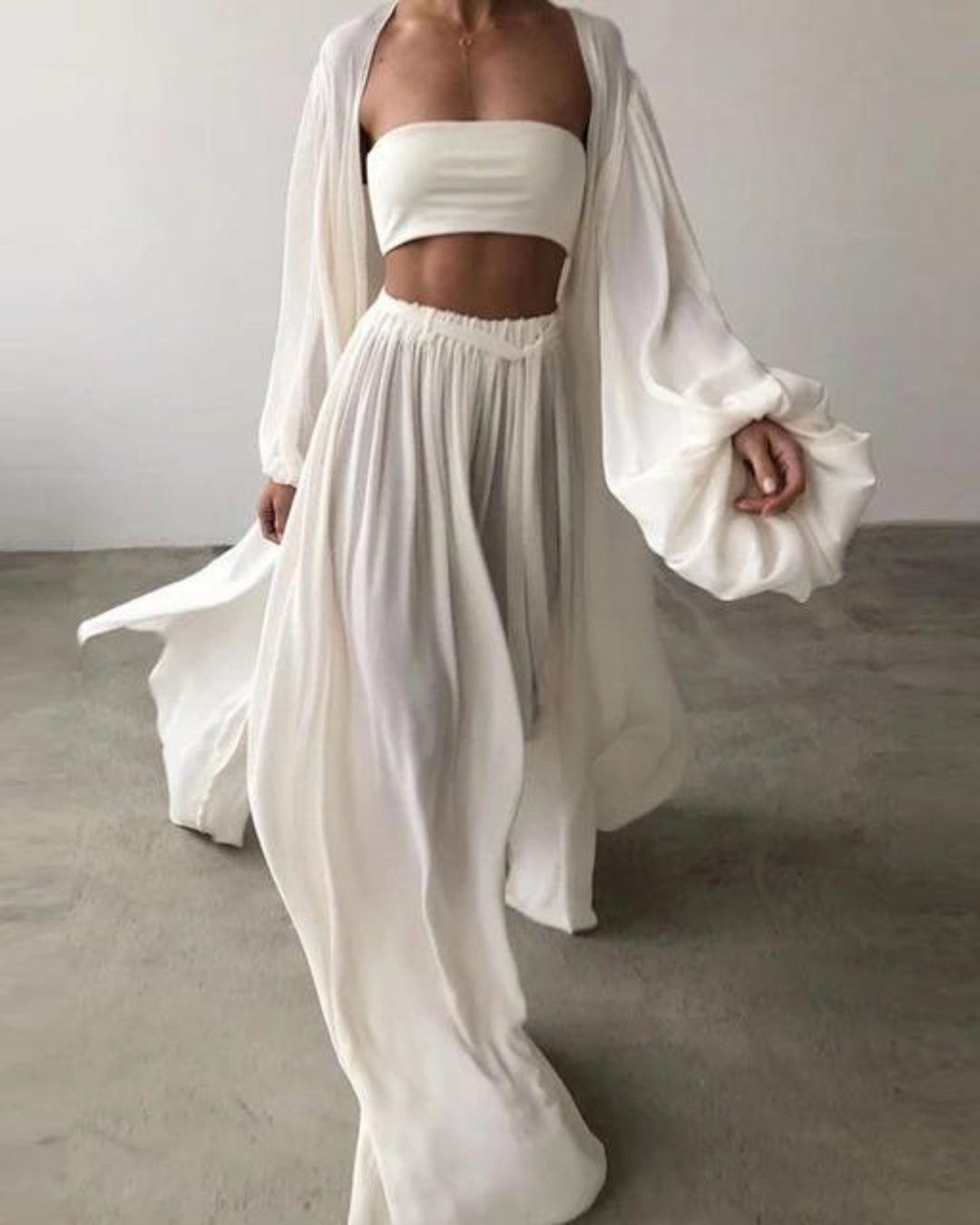 Dreiteiliges Set aus Baumwolle | luftiges Top | lockere Hose | leichtes Jäckchen | bequem-Weiß-S-Luzern Mode