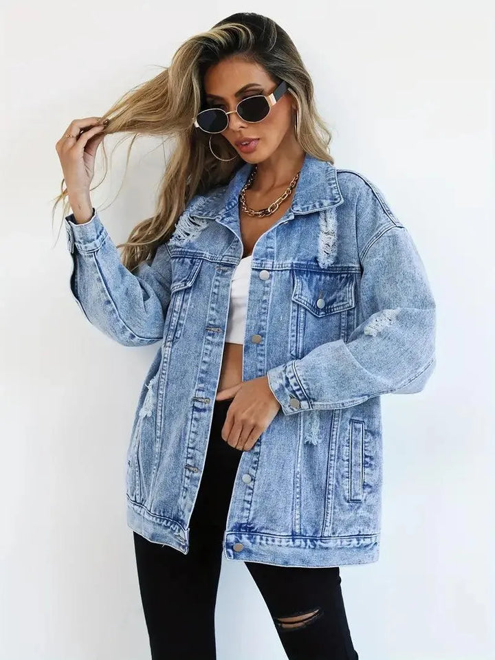 Wasserfeste & Gefütterte Oversized Damen Jeansjacke mit Kapuze – Talia