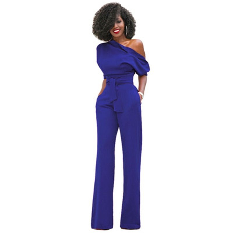 Einfache Damen-Jumpsuit | Enganliegend | Kaltgeschulter | Halblange Ärmeln-Blau-S-Luzern Mode