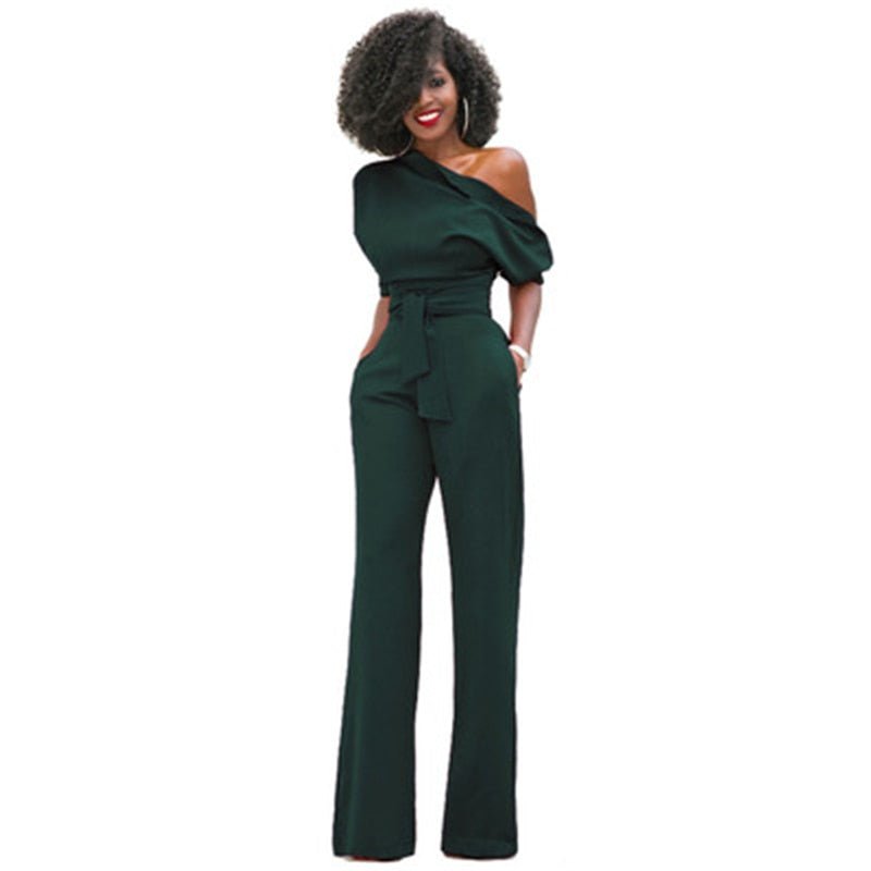 Einfache Damen-Jumpsuit | Enganliegend | Kaltgeschulter | Halblange Ärmeln-Grün-S-Luzern Mode