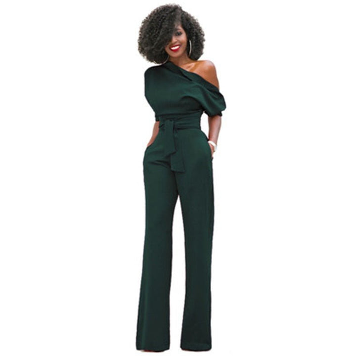 Einfache Damen-Jumpsuit | Enganliegend | Kaltgeschulter | Halblange Ärmeln-Grün-S-Luzern Mode