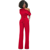 Einfache Damen-Jumpsuit | Enganliegend | Kaltgeschulter | Halblange Ärmeln-Rot-S-Luzern Mode