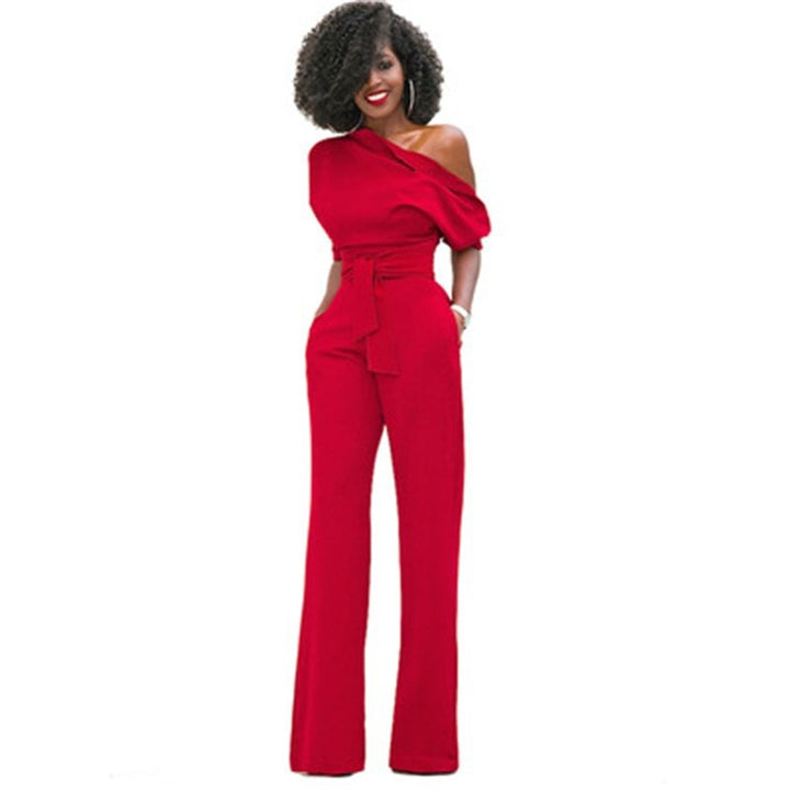 Einfache Damen-Jumpsuit | Enganliegend | Kaltgeschulter | Halblange Ärmeln-Rot-S-Luzern Mode