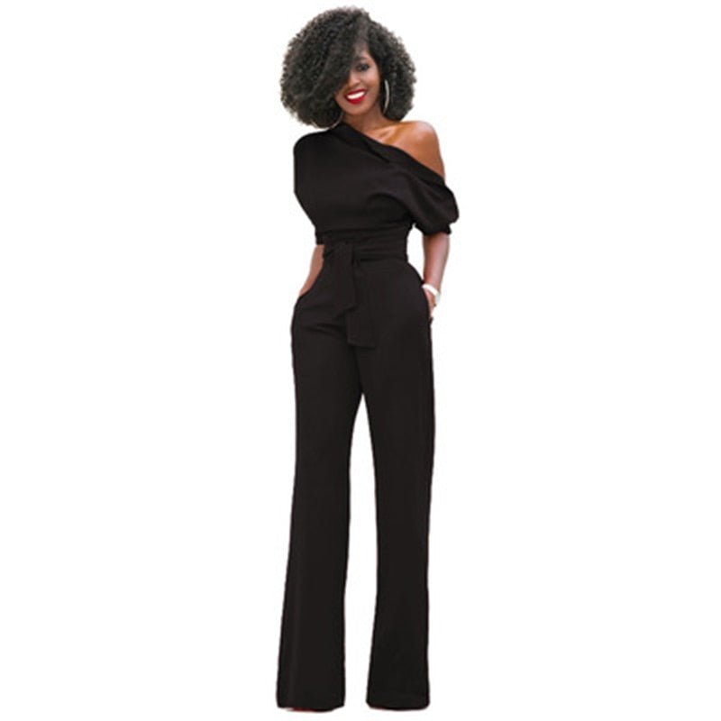 Einfache Damen-Jumpsuit | Enganliegend | Kaltgeschulter | Halblange Ärmeln-Schwarz-S-Luzern Mode
