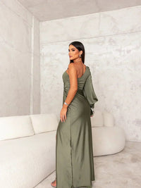 Maxi Abendkleid | Ein Schulter | Lange Ärmel | Schlitz | Tailliert-Grün-S-Luzern Mode