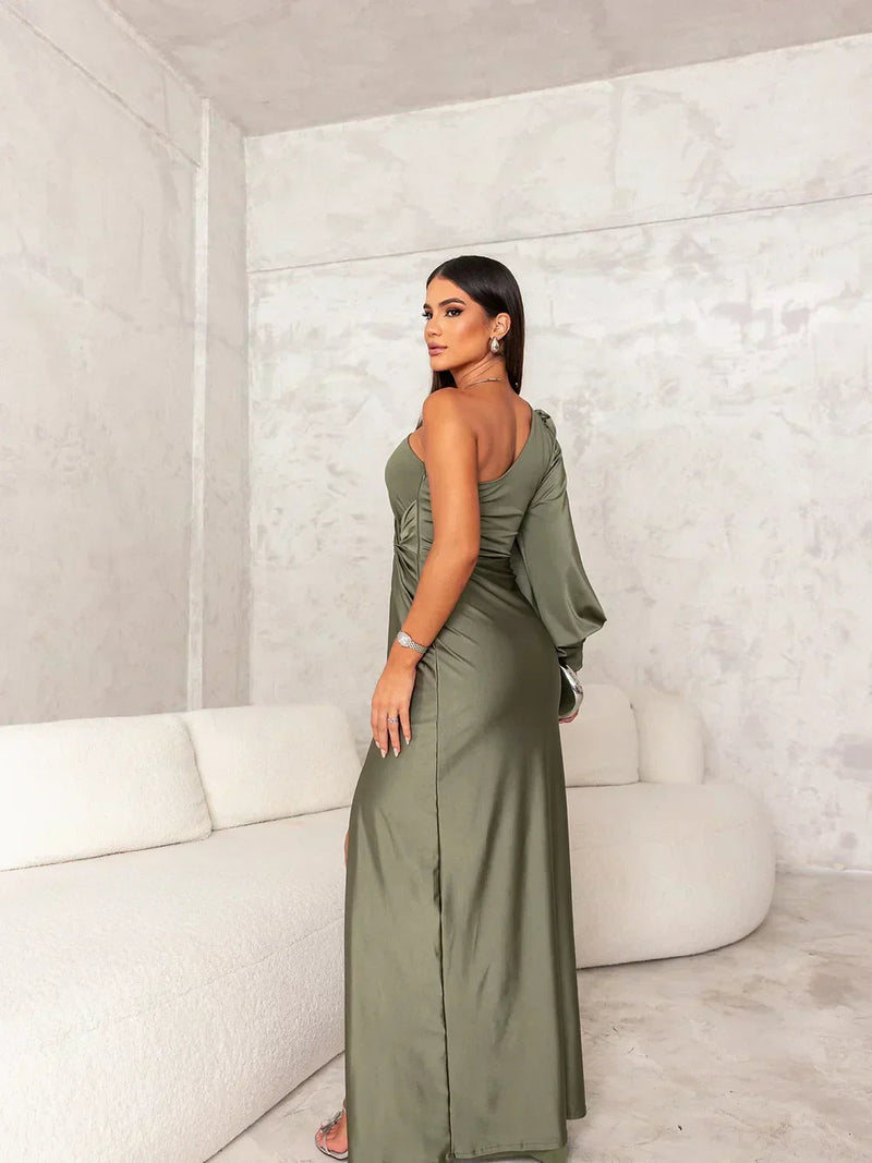 Maxi Abendkleid | Ein Schulter | Lange Ärmel | Schlitz | Tailliert-Grün-S-Luzern Mode