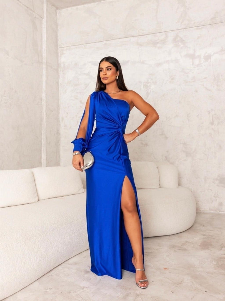 Maxi Abendkleid | Ein Schulter | Lange Ärmel | Schlitz | Tailliert-Luzern Mode
