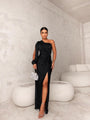 Maxi Abendkleid | Ein Schulter | Lange Ärmel | Schlitz | Tailliert-Schwarz-S-Luzern Mode