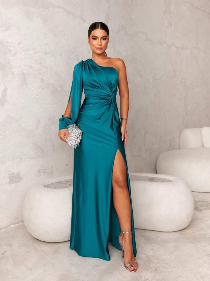 Maxi Abendkleid | Ein Schulter | Lange Ärmel | Schlitz | Tailliert-Türkis-S-Luzern Mode