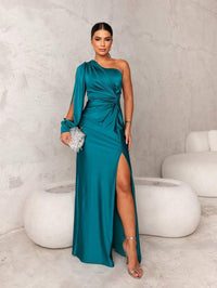 Maxi Abendkleid | Ein Schulter | Lange Ärmel | Schlitz | Tailliert-Türkis-S-Luzern Mode