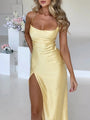 Maxi Kleid | Enganliegend | Seitenschlitz | Ärmlos | Einfarbig | Metallic-Look-Gelb-S-Luzern Mode