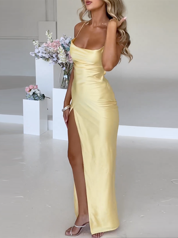 Maxi Kleid | Enganliegend | Seitenschlitz | Ärmlos | Einfarbig | Metallic-Look-Luzern Mode