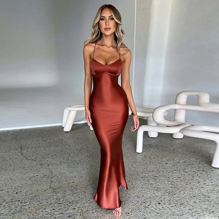 Maxi Kleid | Enganliegend | Seitenschlitz | Ärmlos | Einfarbig | Metallic-Look-Rot-S-Luzern Mode