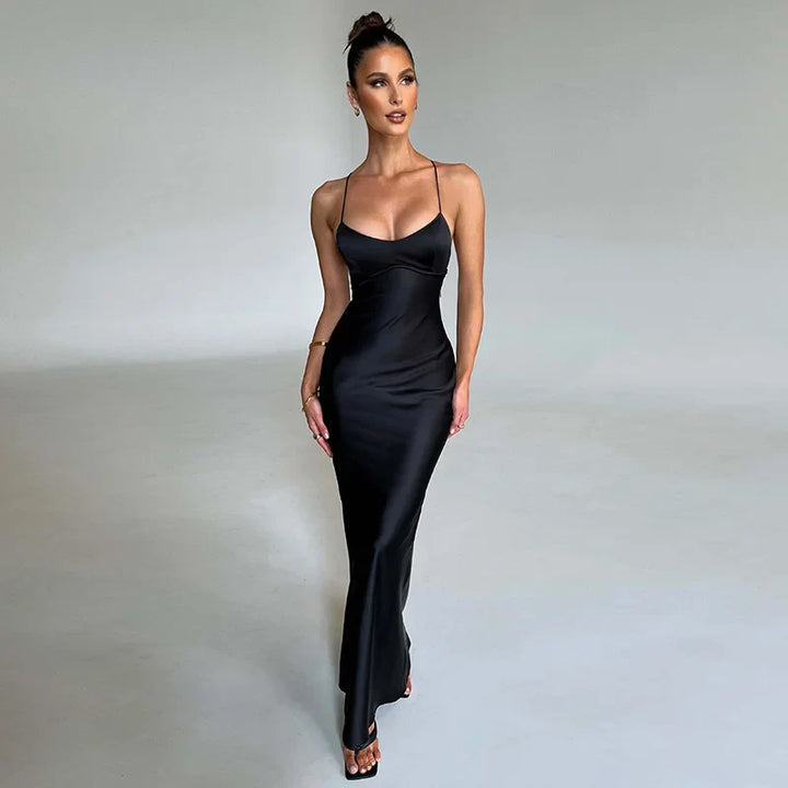 Maxi Kleid | Enganliegend | Seitenschlitz | Ärmlos | Einfarbig | Metallic-Look-Schwarz-S-Luzern Mode