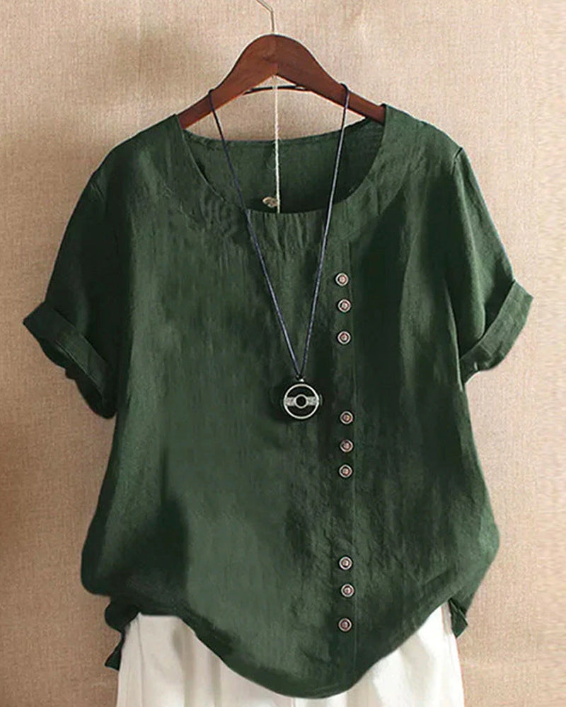 Einfache Damen T-Shirt | Kurze Ärmel | Rundhals | Baumwolle | Leinen-Grün-S-Luzern Mode