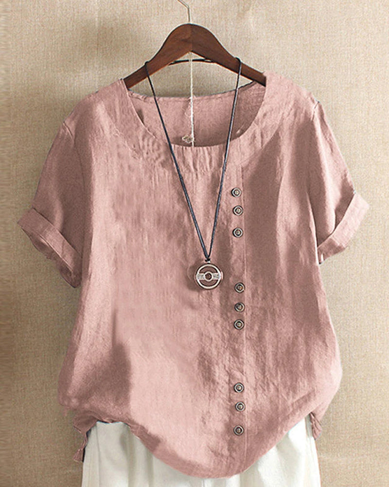 Einfache Damen T-Shirt | Kurze Ärmel | Rundhals | Baumwolle | Leinen-Rosa-S-Luzern Mode