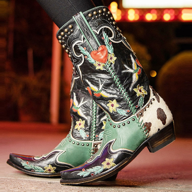 Bestickte Cowboystiefel Damen mit Blumenmuster Vintage-Luzern Mode