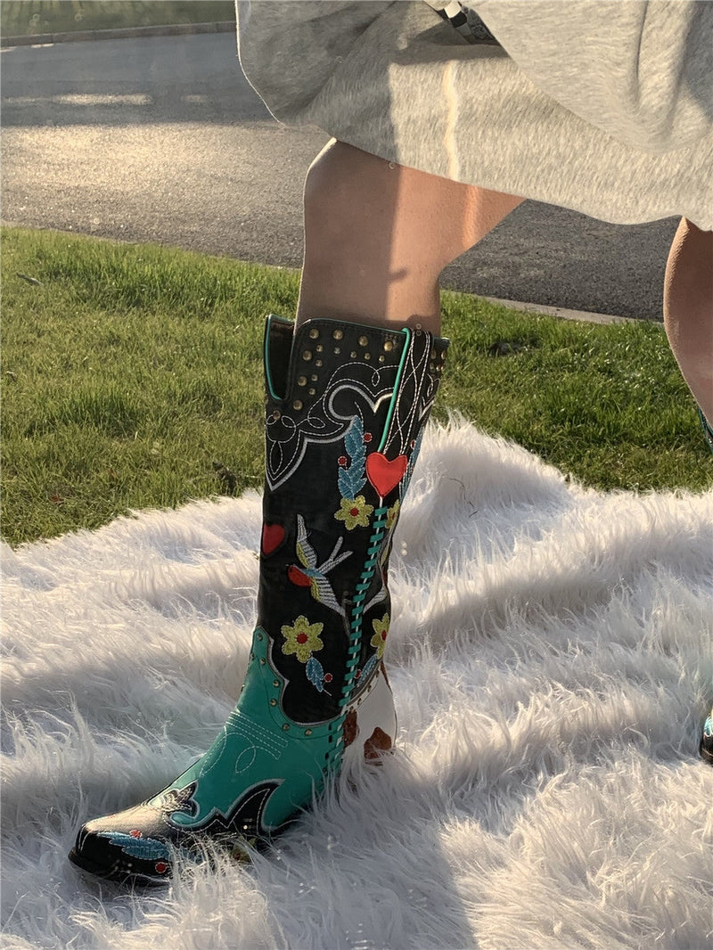 Bestickte Cowboystiefel Damen mit Blumenmuster Vintage-Luzern Mode