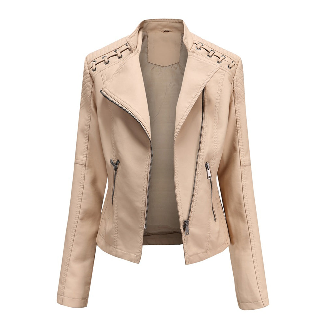 Hochwertige Damen Lederjacke mit Reißverschluss-Details-Beige-S-Luzern Mode