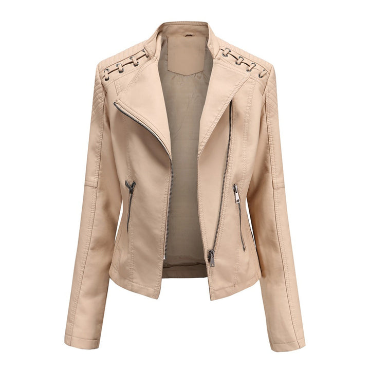 Hochwertige Damen Lederjacke mit Reißverschluss-Details-Beige-S-Luzern Mode