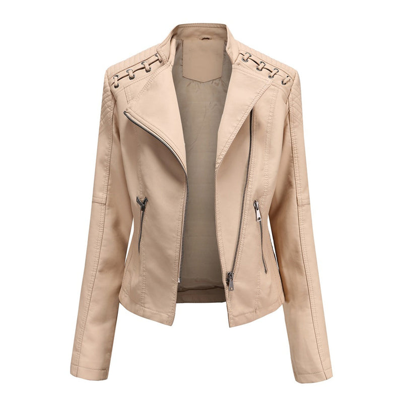 Hochwertige Damen Lederjacke mit Reißverschluss-Details-Beige-S-Luzern Mode