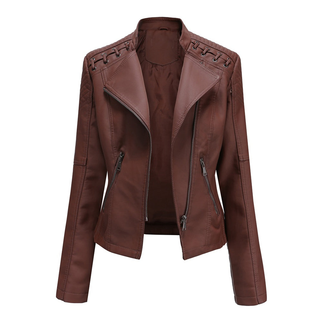 Hochwertige Damen Lederjacke mit Reißverschluss-Details-Braun-S-Luzern Mode
