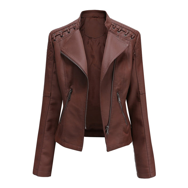 Hochwertige Damen Lederjacke mit Reißverschluss-Details-Braun-S-Luzern Mode